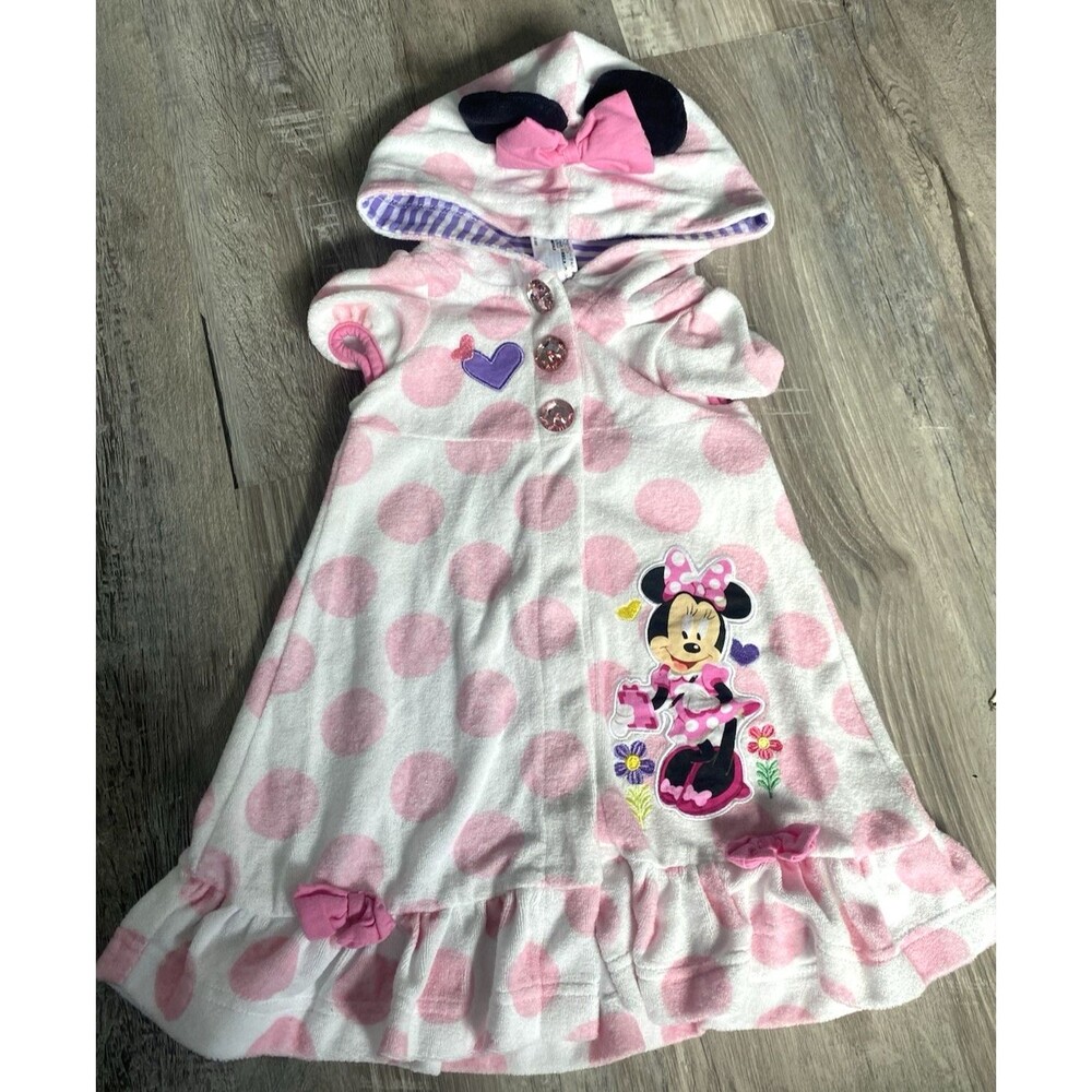 Disney Store Minnie Mouse Pink Polka Dot Hooded Towel Dress Cover Up Size 2T